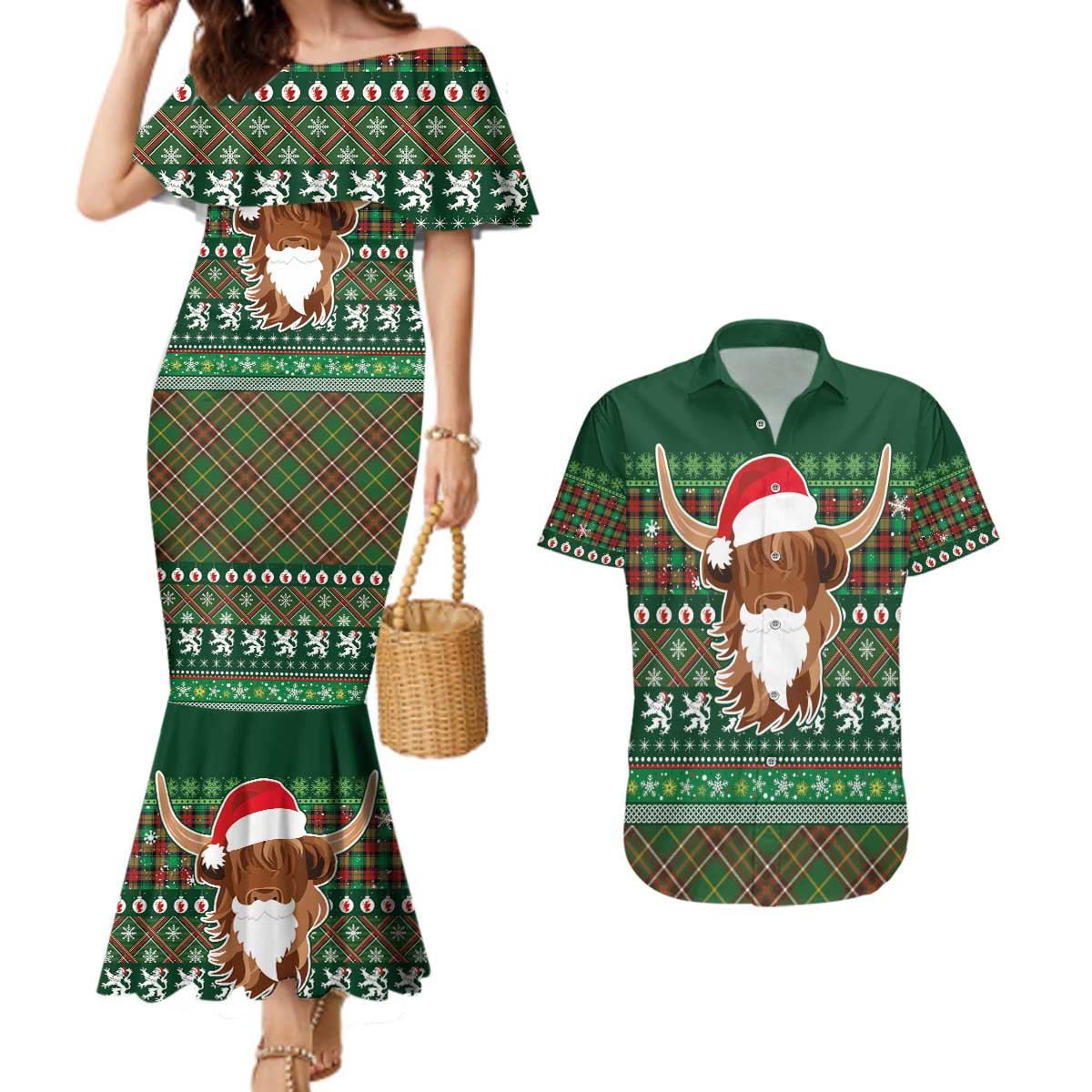 Scottish Christmas Couples Matching Mermaid Dress and Hawaiian Shirt Highland Cattle-Xmas Tartan Stripes Style Green Color - Wonder Print Shop