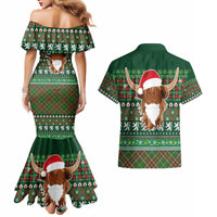 Scottish Christmas Couples Matching Mermaid Dress and Hawaiian Shirt Highland Cattle-Xmas Tartan Stripes Style Green Color - Wonder Print Shop