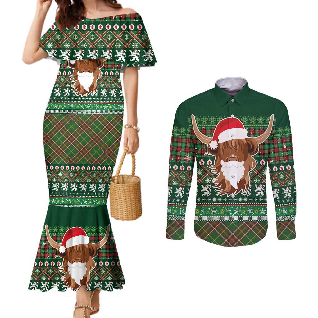 Scottish Christmas Couples Matching Mermaid Dress and Long Sleeve Button Shirt Highland Cattle-Xmas Tartan Stripes Style Green Color - Wonder Print Shop