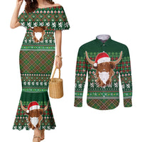 Scottish Christmas Couples Matching Mermaid Dress and Long Sleeve Button Shirt Highland Cattle-Xmas Tartan Stripes Style Green Color - Wonder Print Shop