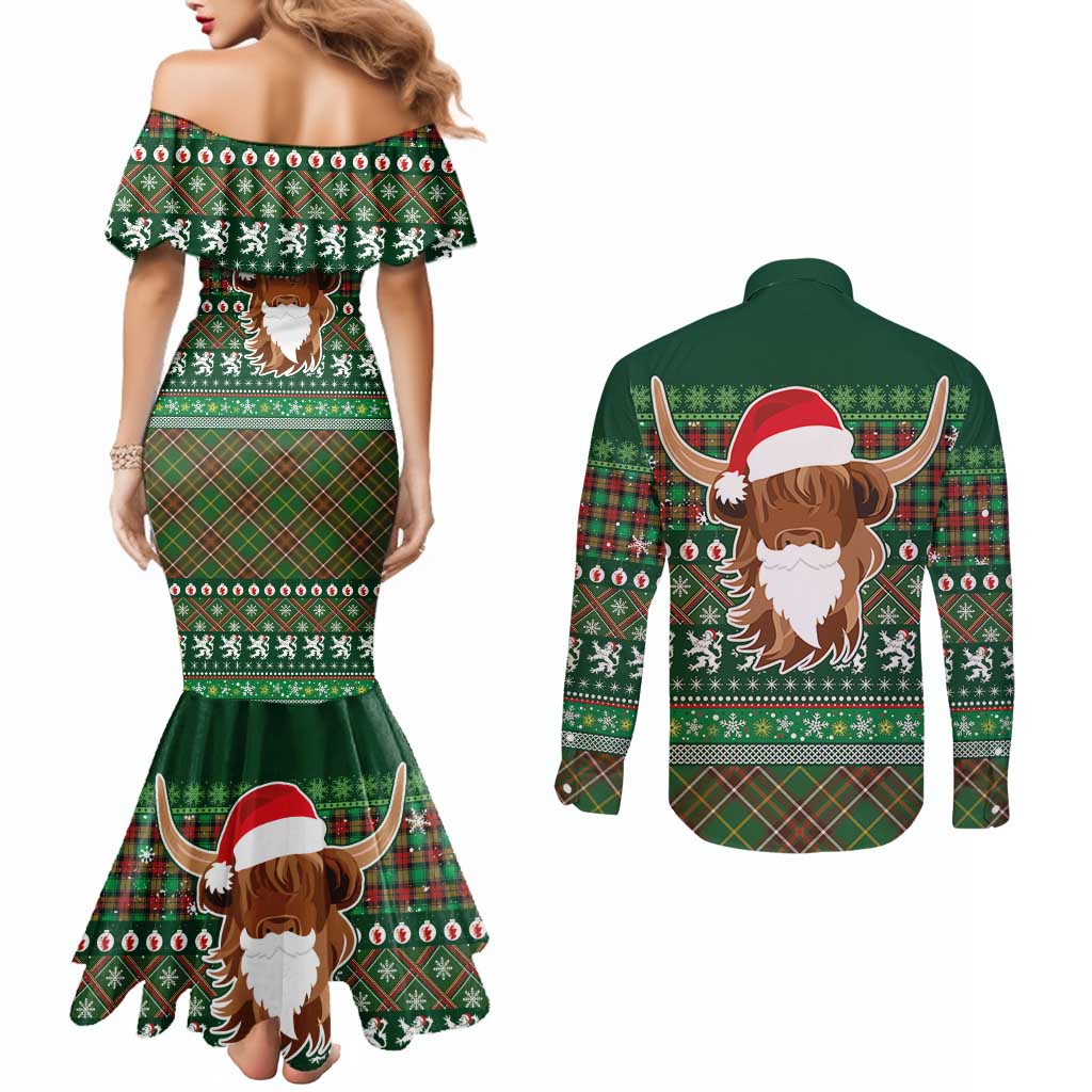 Scottish Christmas Couples Matching Mermaid Dress and Long Sleeve Button Shirt Highland Cattle-Xmas Tartan Stripes Style Green Color - Wonder Print Shop