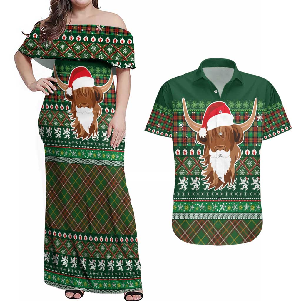 Scottish Christmas Couples Matching Off Shoulder Maxi Dress and Hawaiian Shirt Highland Cattle-Xmas Tartan Stripes Style Green Color - Wonder Print Shop