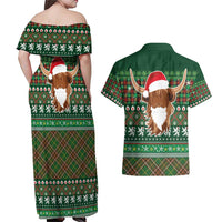 Scottish Christmas Couples Matching Off Shoulder Maxi Dress and Hawaiian Shirt Highland Cattle-Xmas Tartan Stripes Style Green Color - Wonder Print Shop