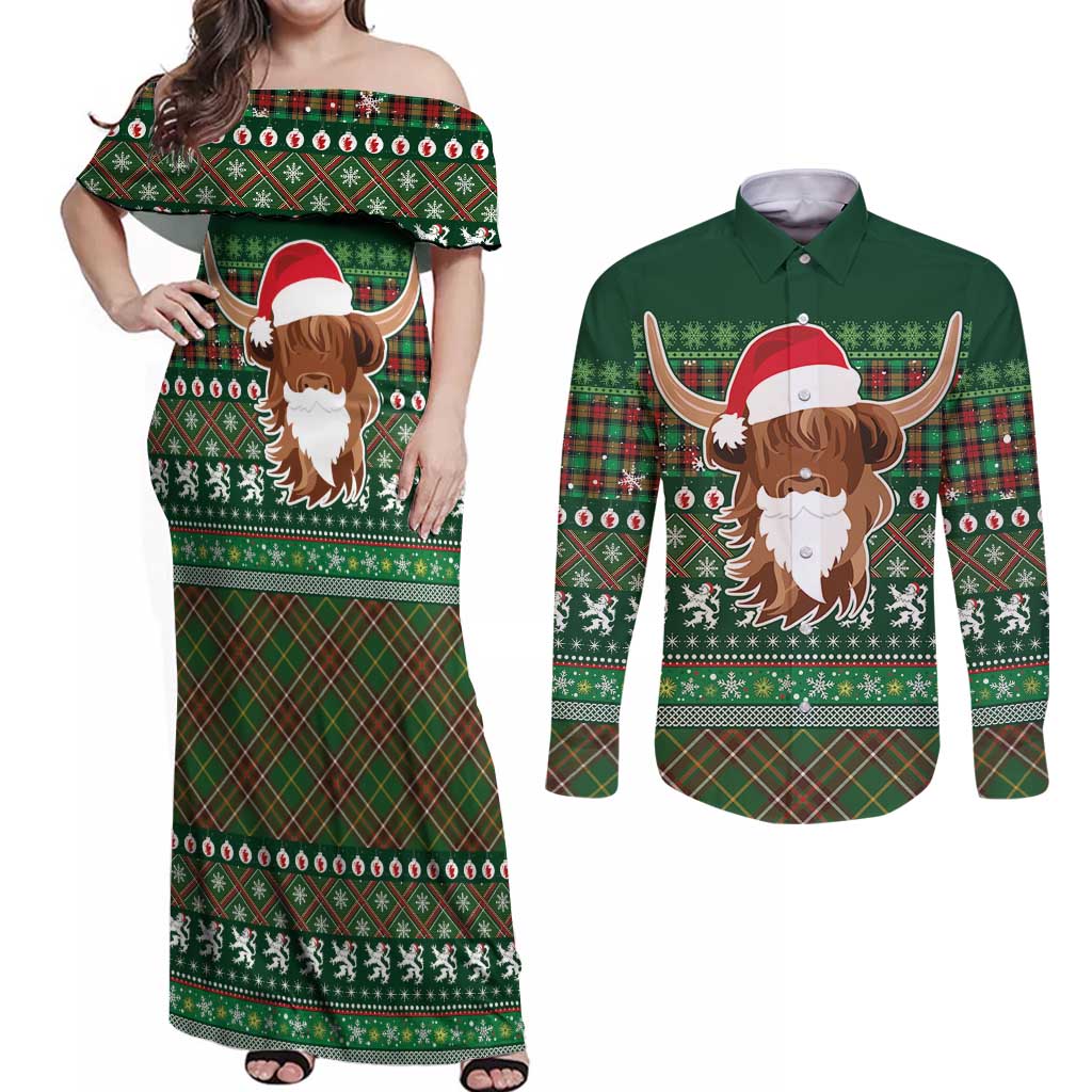 Scottish Christmas Couples Matching Off Shoulder Maxi Dress and Long Sleeve Button Shirt Highland Cattle-Xmas Tartan Stripes Style Green Color - Wonder Print Shop