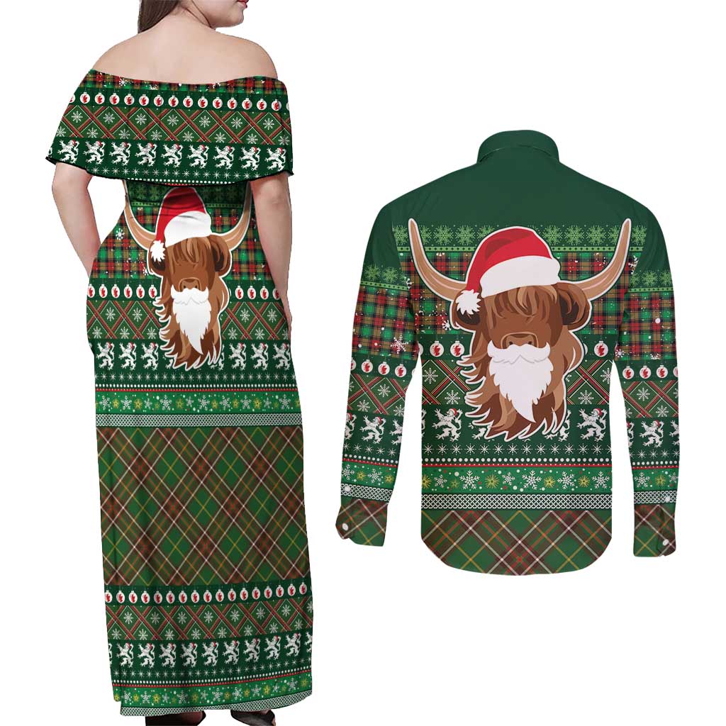 Scottish Christmas Couples Matching Off Shoulder Maxi Dress and Long Sleeve Button Shirt Highland Cattle-Xmas Tartan Stripes Style Green Color - Wonder Print Shop