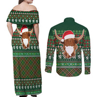 Scottish Christmas Couples Matching Off Shoulder Maxi Dress and Long Sleeve Button Shirt Highland Cattle-Xmas Tartan Stripes Style Green Color - Wonder Print Shop