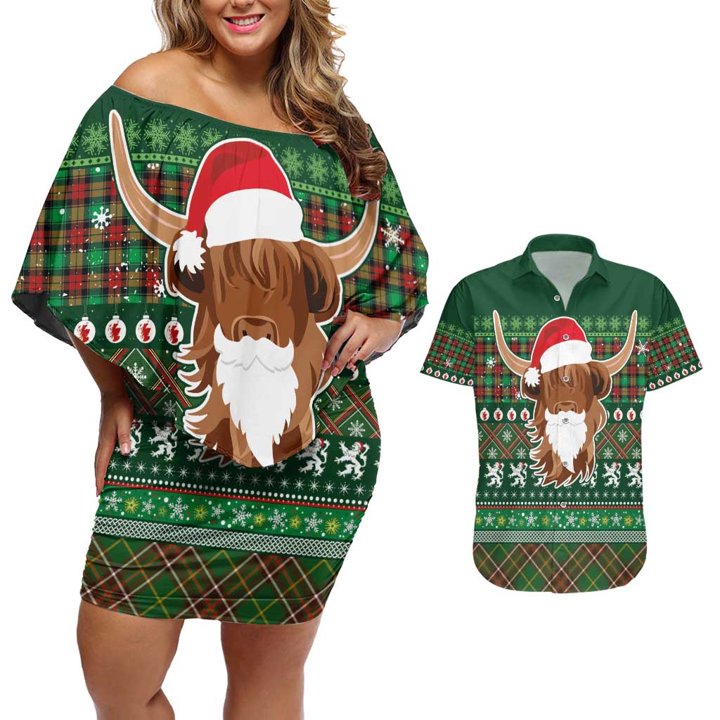 Scottish Christmas Couples Matching Off Shoulder Short Dress and Hawaiian Shirt Highland Cattle-Xmas Tartan Stripes Style Green Color - Wonder Print Shop
