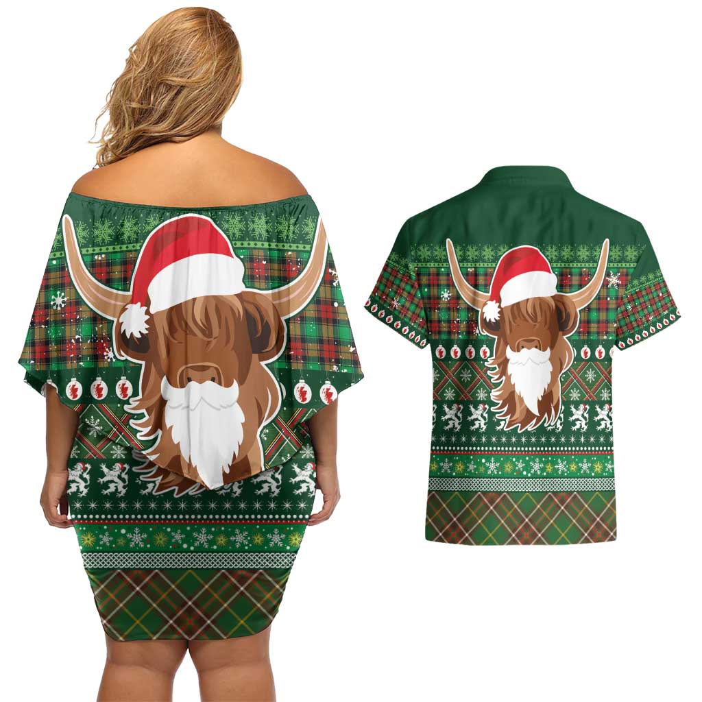 Scottish Christmas Couples Matching Off Shoulder Short Dress and Hawaiian Shirt Highland Cattle-Xmas Tartan Stripes Style Green Color - Wonder Print Shop