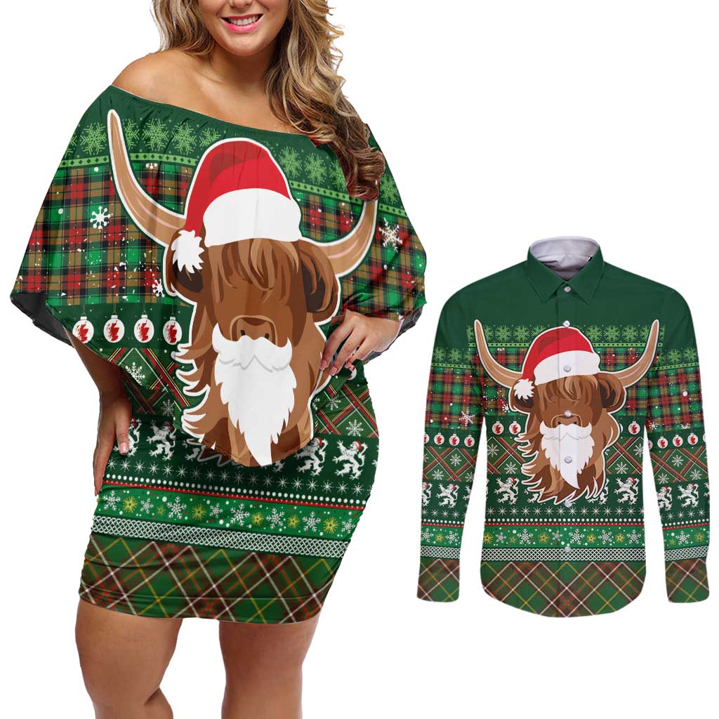 Scottish Christmas Couples Matching Off Shoulder Short Dress and Long Sleeve Button Shirt Highland Cattle-Xmas Tartan Stripes Style Green Color - Wonder Print Shop