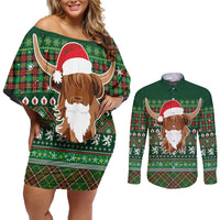 Scottish Christmas Couples Matching Off Shoulder Short Dress and Long Sleeve Button Shirt Highland Cattle-Xmas Tartan Stripes Style Green Color - Wonder Print Shop