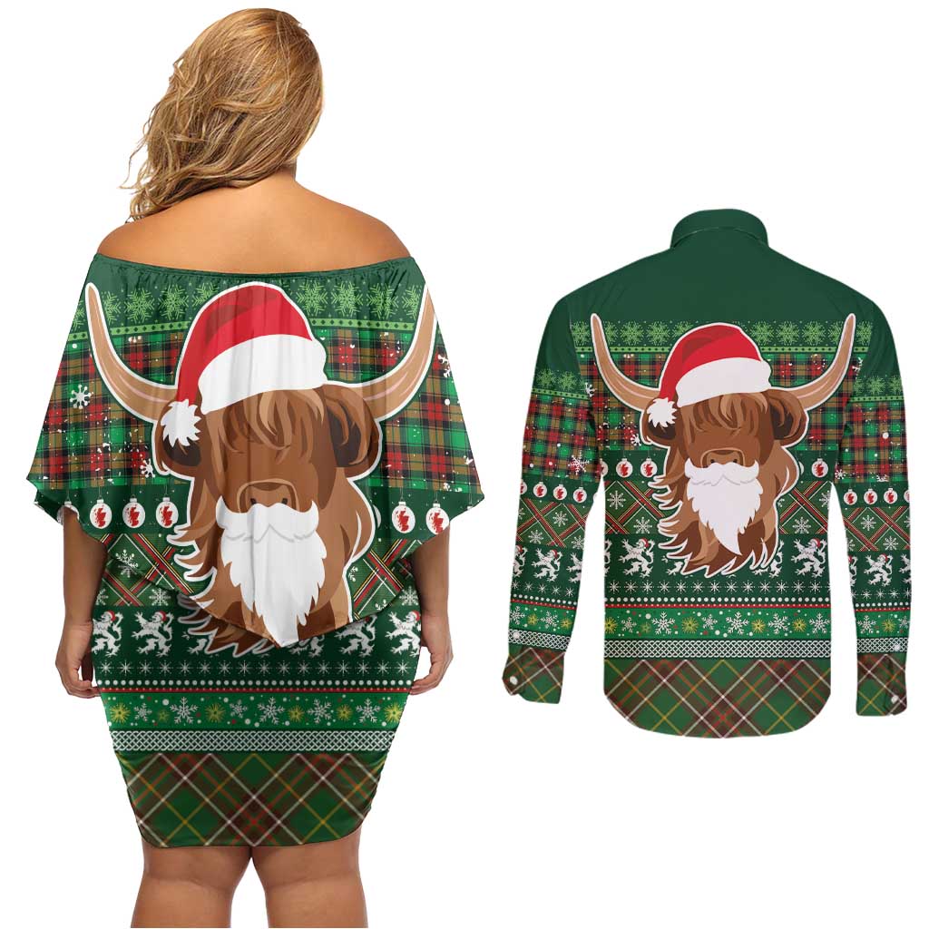 Scottish Christmas Couples Matching Off Shoulder Short Dress and Long Sleeve Button Shirt Highland Cattle-Xmas Tartan Stripes Style Green Color - Wonder Print Shop