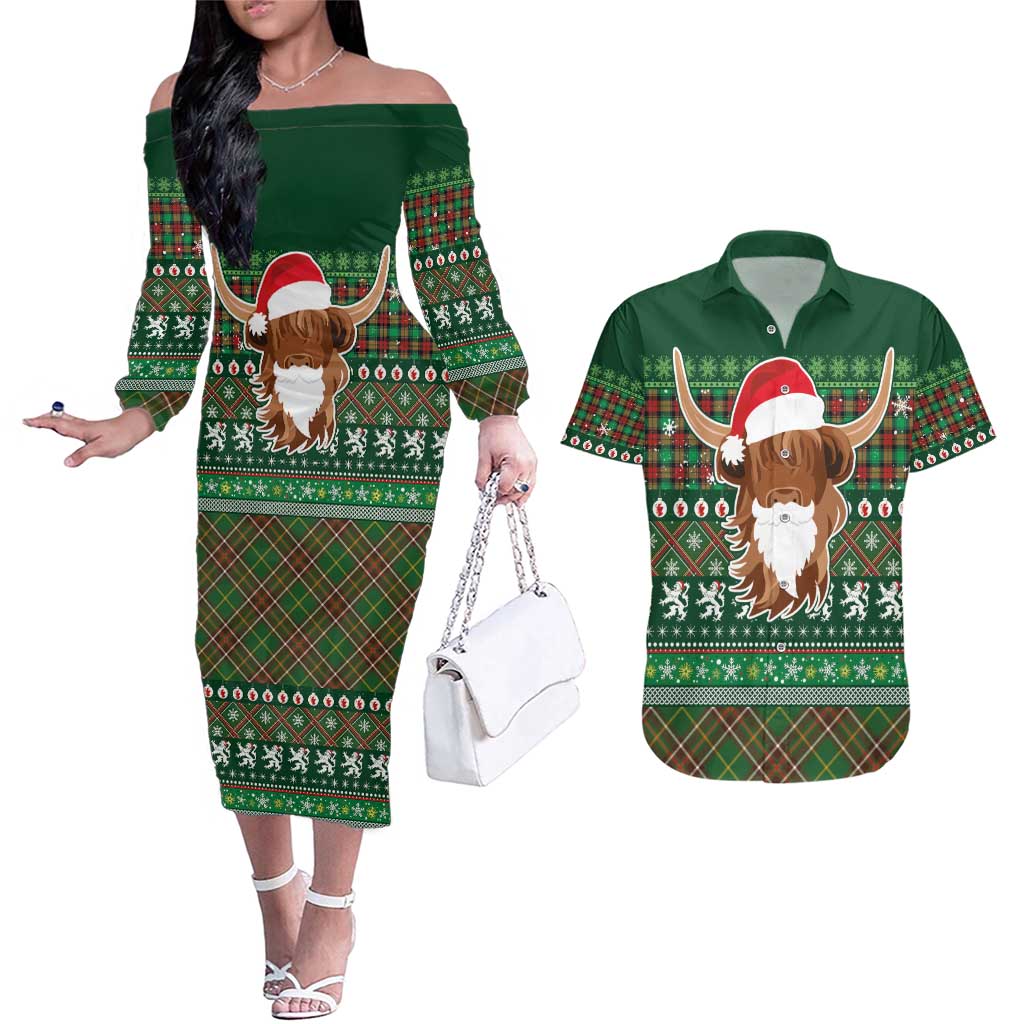 Scottish Christmas Couples Matching Off The Shoulder Long Sleeve Dress and Hawaiian Shirt Highland Cattle-Xmas Tartan Stripes Style Green Color - Wonder Print Shop