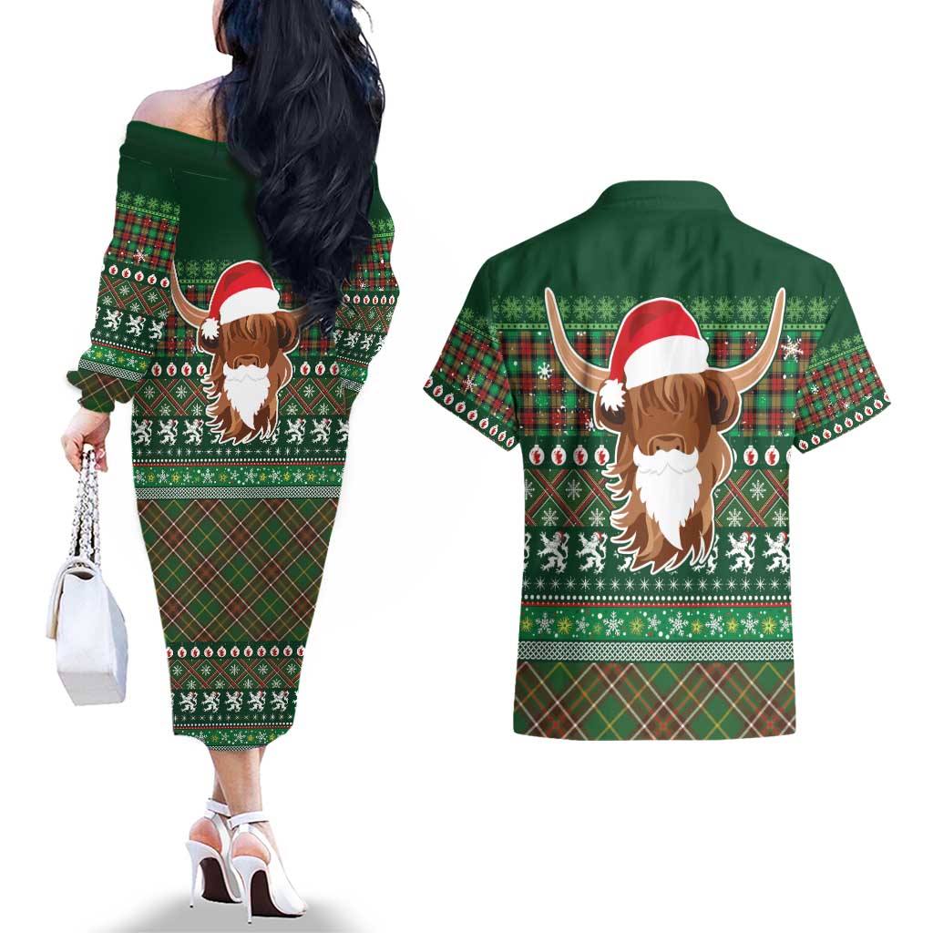 Scottish Christmas Couples Matching Off The Shoulder Long Sleeve Dress and Hawaiian Shirt Highland Cattle-Xmas Tartan Stripes Style Green Color - Wonder Print Shop