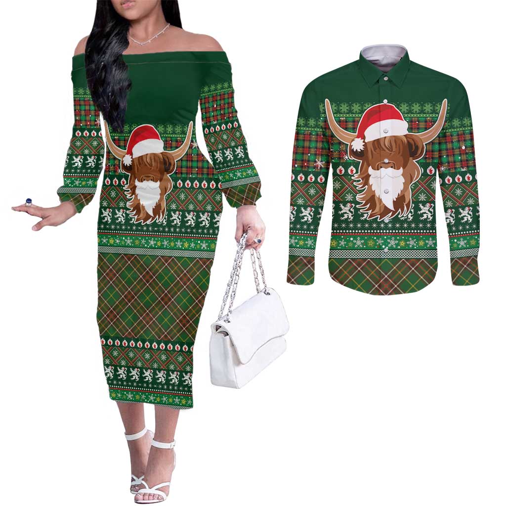 Scottish Christmas Couples Matching Off The Shoulder Long Sleeve Dress and Long Sleeve Button Shirt Highland Cattle-Xmas Tartan Stripes Style Green Color - Wonder Print Shop