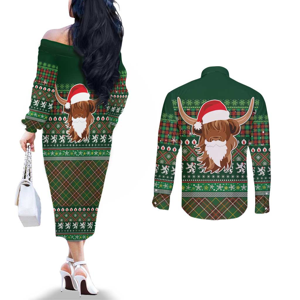 Scottish Christmas Couples Matching Off The Shoulder Long Sleeve Dress and Long Sleeve Button Shirt Highland Cattle-Xmas Tartan Stripes Style Green Color - Wonder Print Shop