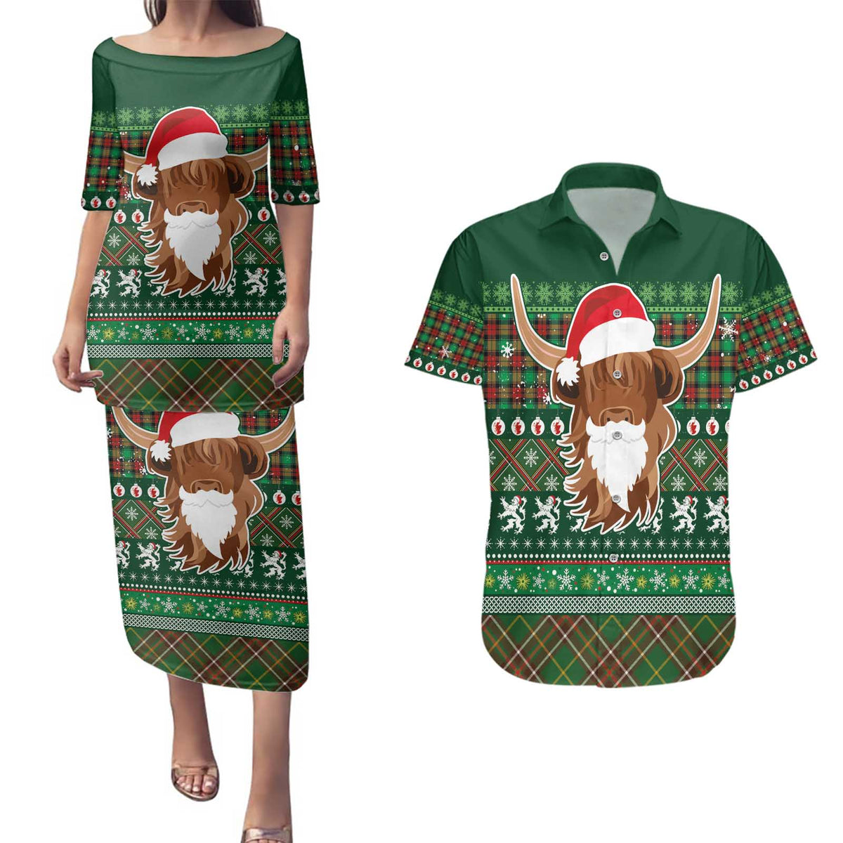Scottish Christmas Couples Matching Puletasi and Hawaiian Shirt Highland Cattle-Xmas Tartan Stripes Style Green Color - Wonder Print Shop