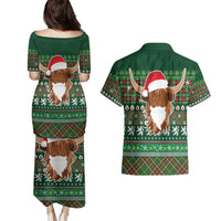 Scottish Christmas Couples Matching Puletasi and Hawaiian Shirt Highland Cattle-Xmas Tartan Stripes Style Green Color - Wonder Print Shop