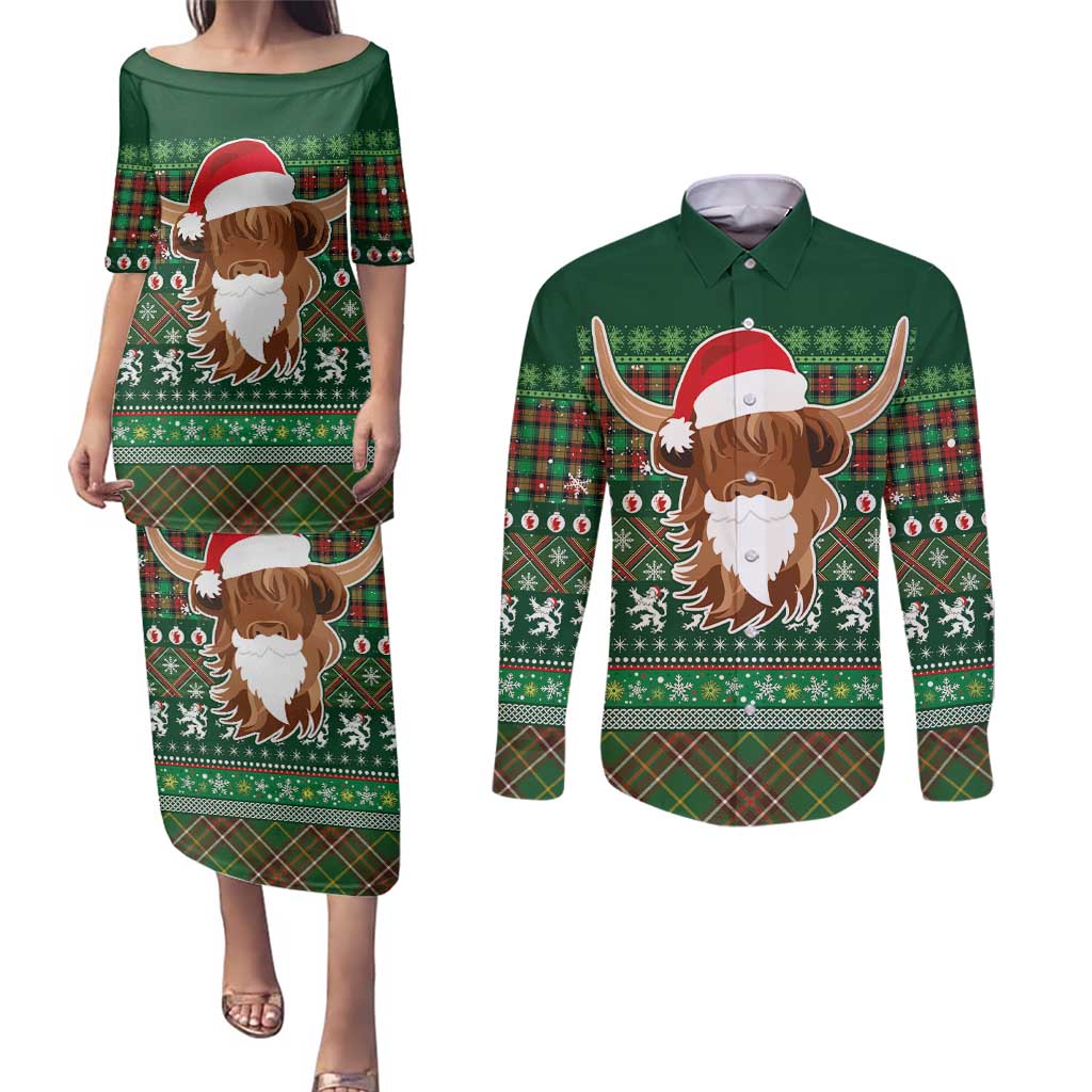 Scottish Christmas Couples Matching Puletasi and Long Sleeve Button Shirt Highland Cattle-Xmas Tartan Stripes Style Green Color - Wonder Print Shop