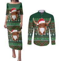 Scottish Christmas Couples Matching Puletasi and Long Sleeve Button Shirt Highland Cattle-Xmas Tartan Stripes Style Green Color - Wonder Print Shop