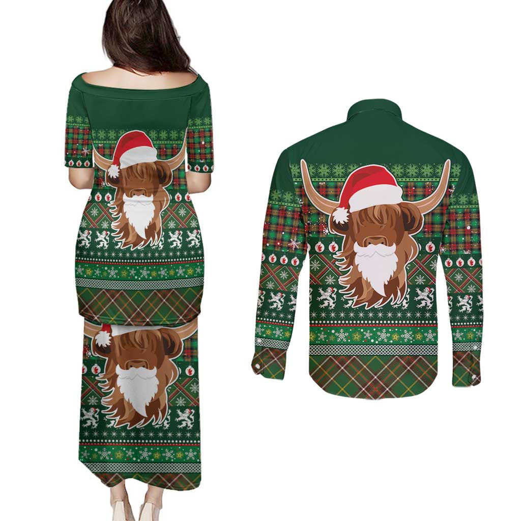 Scottish Christmas Couples Matching Puletasi and Long Sleeve Button Shirt Highland Cattle-Xmas Tartan Stripes Style Green Color - Wonder Print Shop