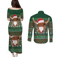 Scottish Christmas Couples Matching Puletasi and Long Sleeve Button Shirt Highland Cattle-Xmas Tartan Stripes Style Green Color - Wonder Print Shop