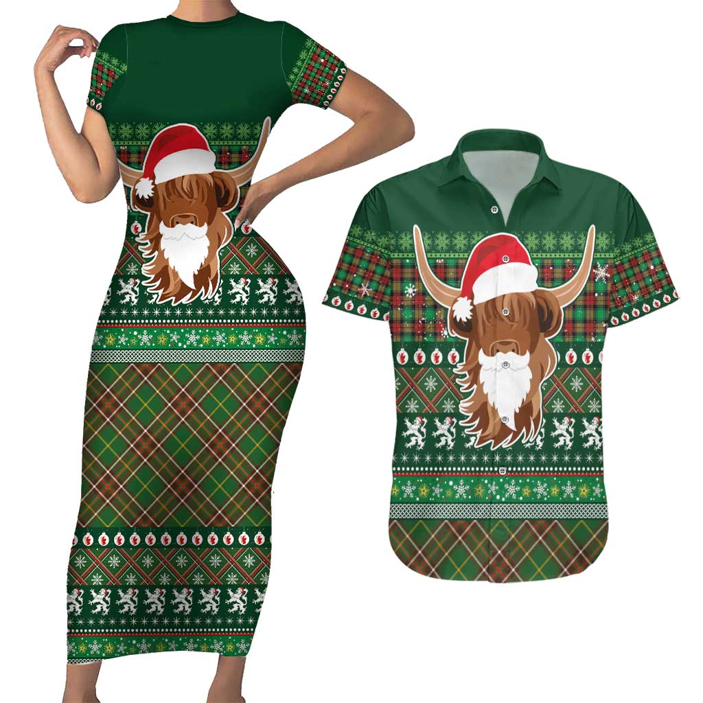 Scottish Christmas Couples Matching Short Sleeve Bodycon Dress and Hawaiian Shirt Highland Cattle-Xmas Tartan Stripes Style Green Color - Wonder Print Shop