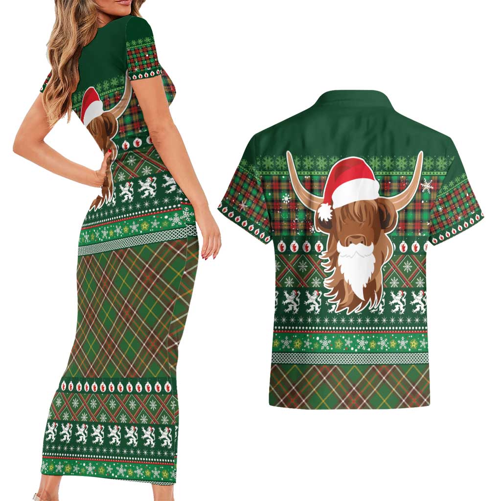 Scottish Christmas Couples Matching Short Sleeve Bodycon Dress and Hawaiian Shirt Highland Cattle-Xmas Tartan Stripes Style Green Color - Wonder Print Shop