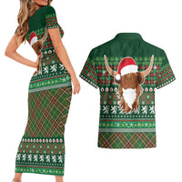 Scottish Christmas Couples Matching Short Sleeve Bodycon Dress and Hawaiian Shirt Highland Cattle-Xmas Tartan Stripes Style Green Color - Wonder Print Shop
