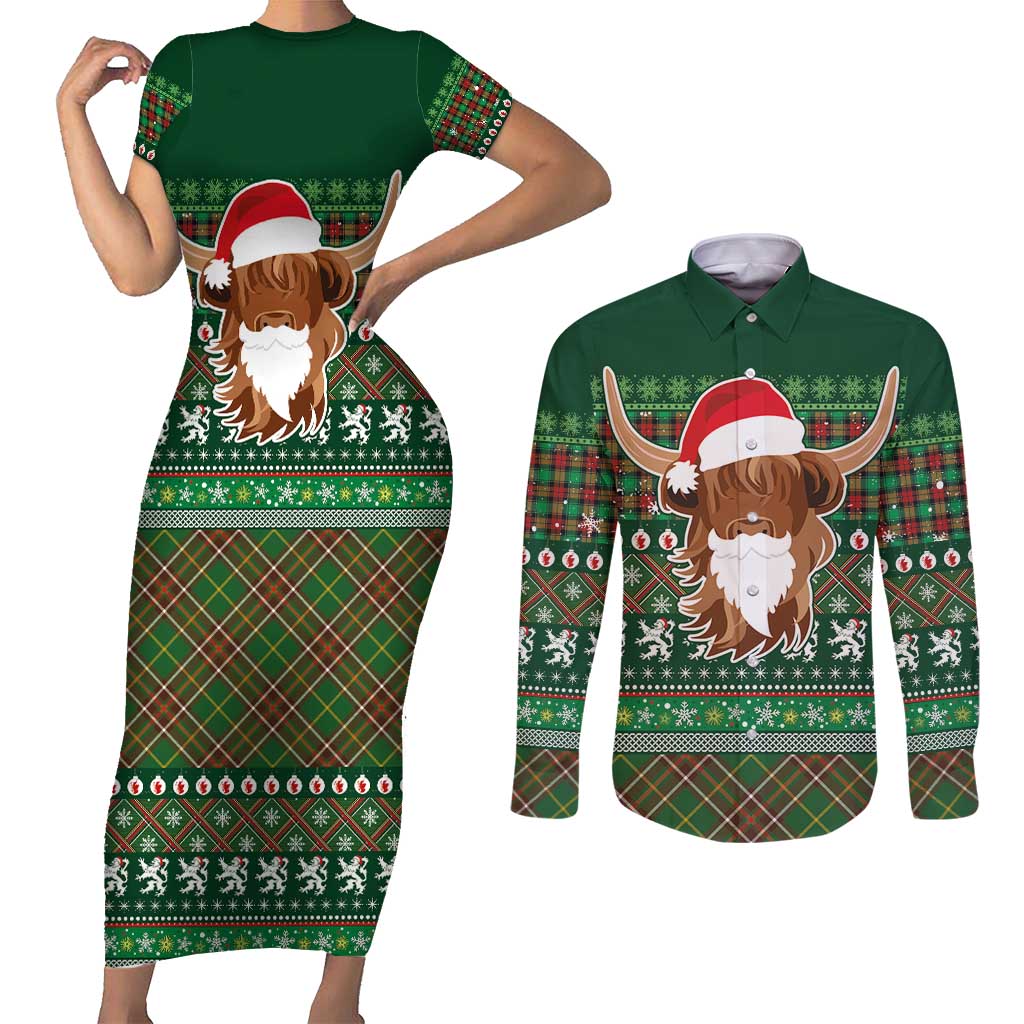 Scottish Christmas Couples Matching Short Sleeve Bodycon Dress and Long Sleeve Button Shirt Highland Cattle-Xmas Tartan Stripes Style Green Color - Wonder Print Shop