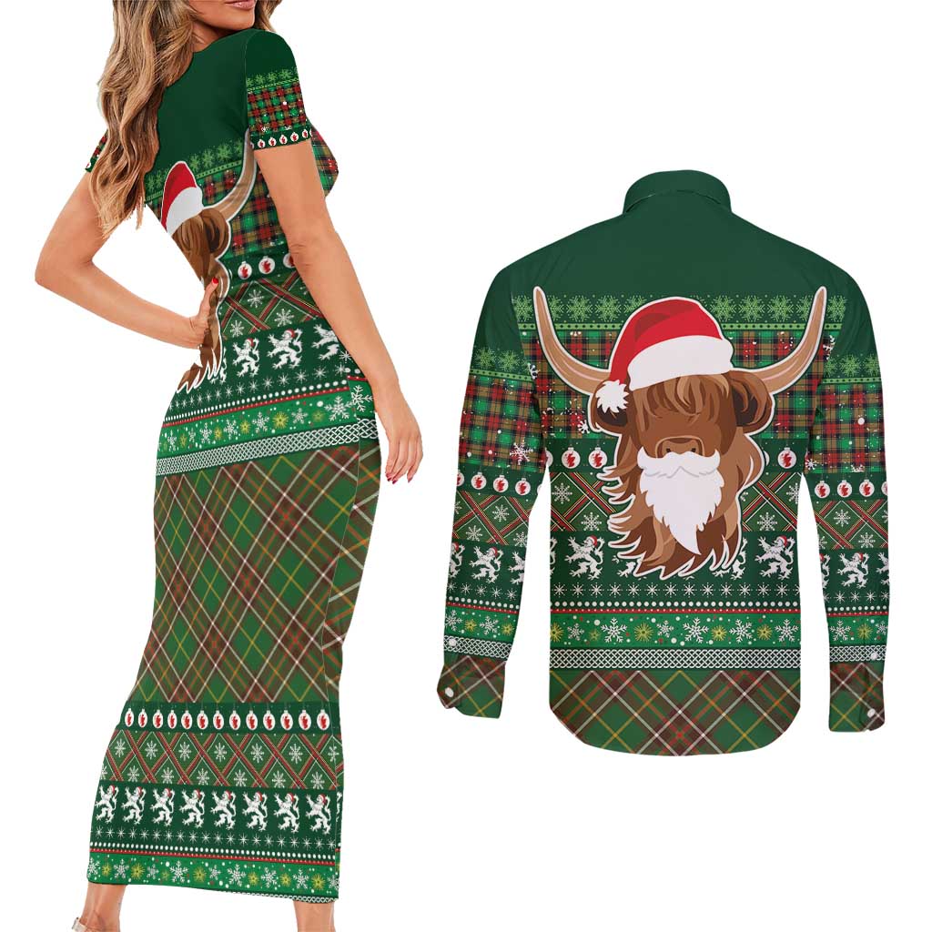 Scottish Christmas Couples Matching Short Sleeve Bodycon Dress and Long Sleeve Button Shirt Highland Cattle-Xmas Tartan Stripes Style Green Color - Wonder Print Shop