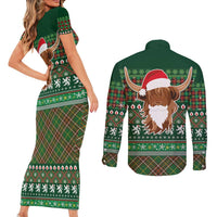 Scottish Christmas Couples Matching Short Sleeve Bodycon Dress and Long Sleeve Button Shirt Highland Cattle-Xmas Tartan Stripes Style Green Color - Wonder Print Shop