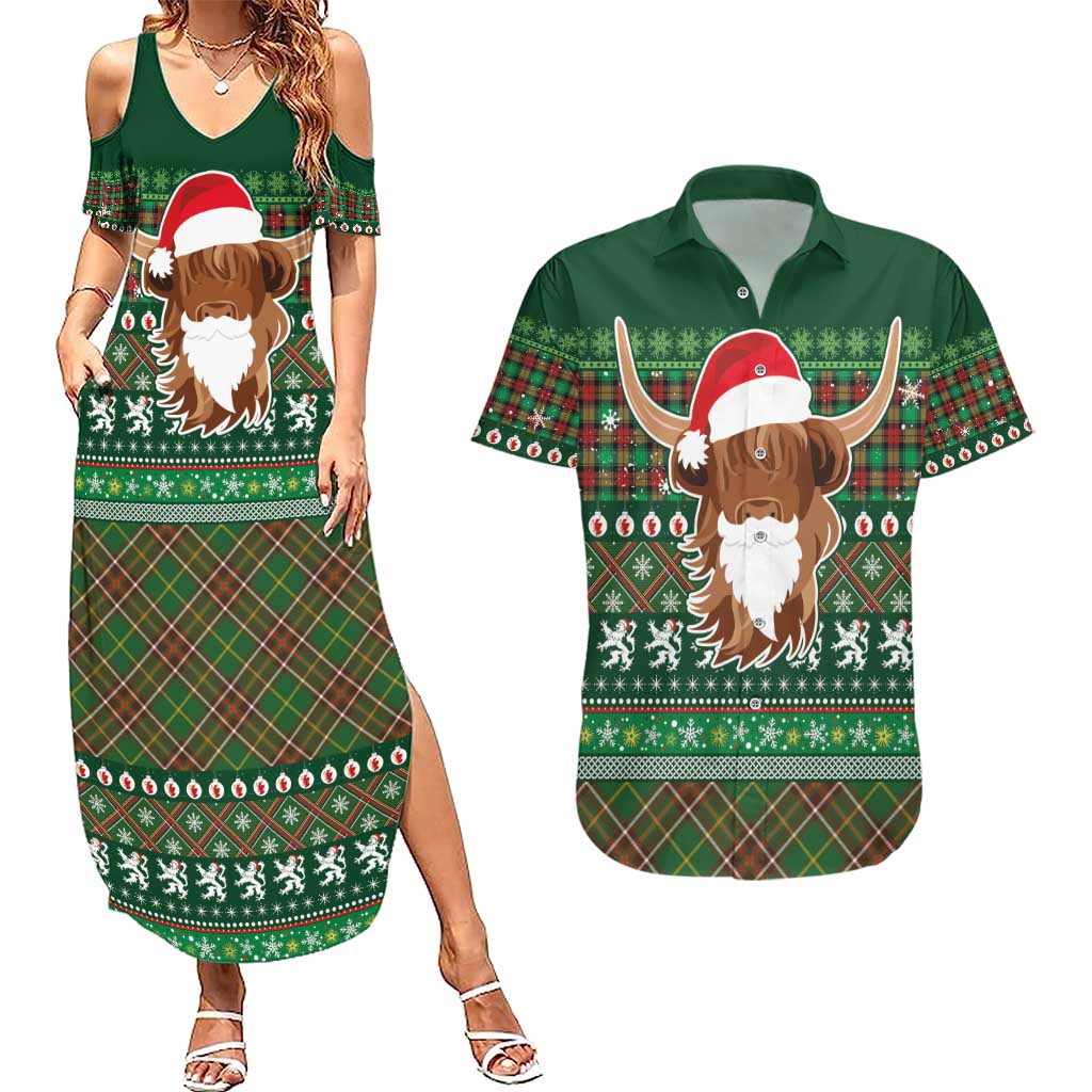 Scottish Christmas Couples Matching Summer Maxi Dress and Hawaiian Shirt Highland Cattle-Xmas Tartan Stripes Style Green Color - Wonder Print Shop