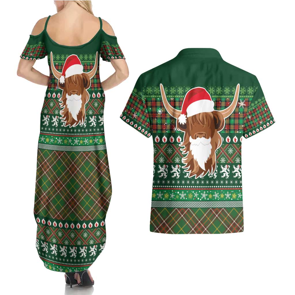 Scottish Christmas Couples Matching Summer Maxi Dress and Hawaiian Shirt Highland Cattle-Xmas Tartan Stripes Style Green Color - Wonder Print Shop
