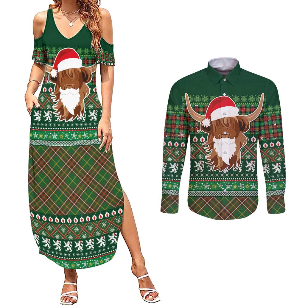 Scottish Christmas Couples Matching Summer Maxi Dress and Long Sleeve Button Shirt Highland Cattle-Xmas Tartan Stripes Style Green Color - Wonder Print Shop