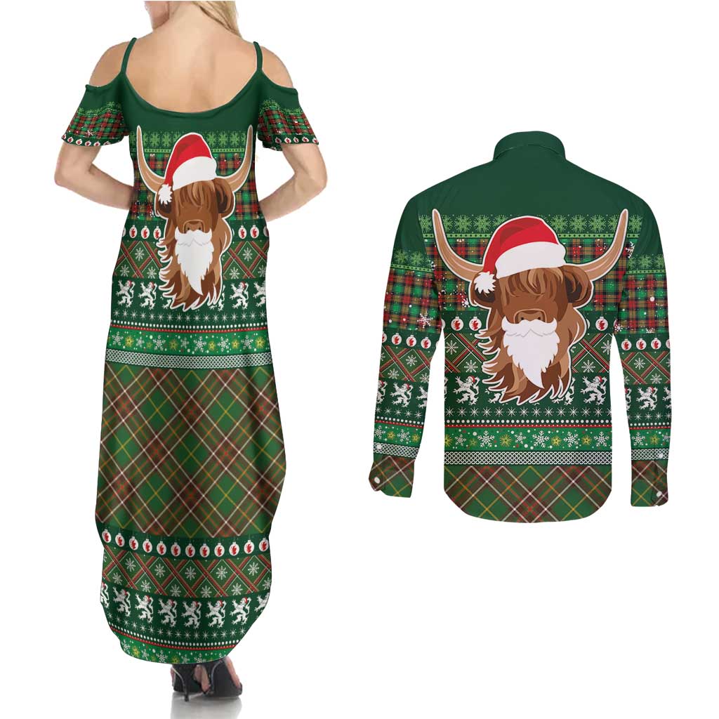 Scottish Christmas Couples Matching Summer Maxi Dress and Long Sleeve Button Shirt Highland Cattle-Xmas Tartan Stripes Style Green Color - Wonder Print Shop