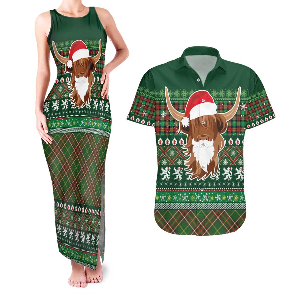 Scottish Christmas Couples Matching Tank Maxi Dress and Hawaiian Shirt Highland Cattle-Xmas Tartan Stripes Style Green Color - Wonder Print Shop