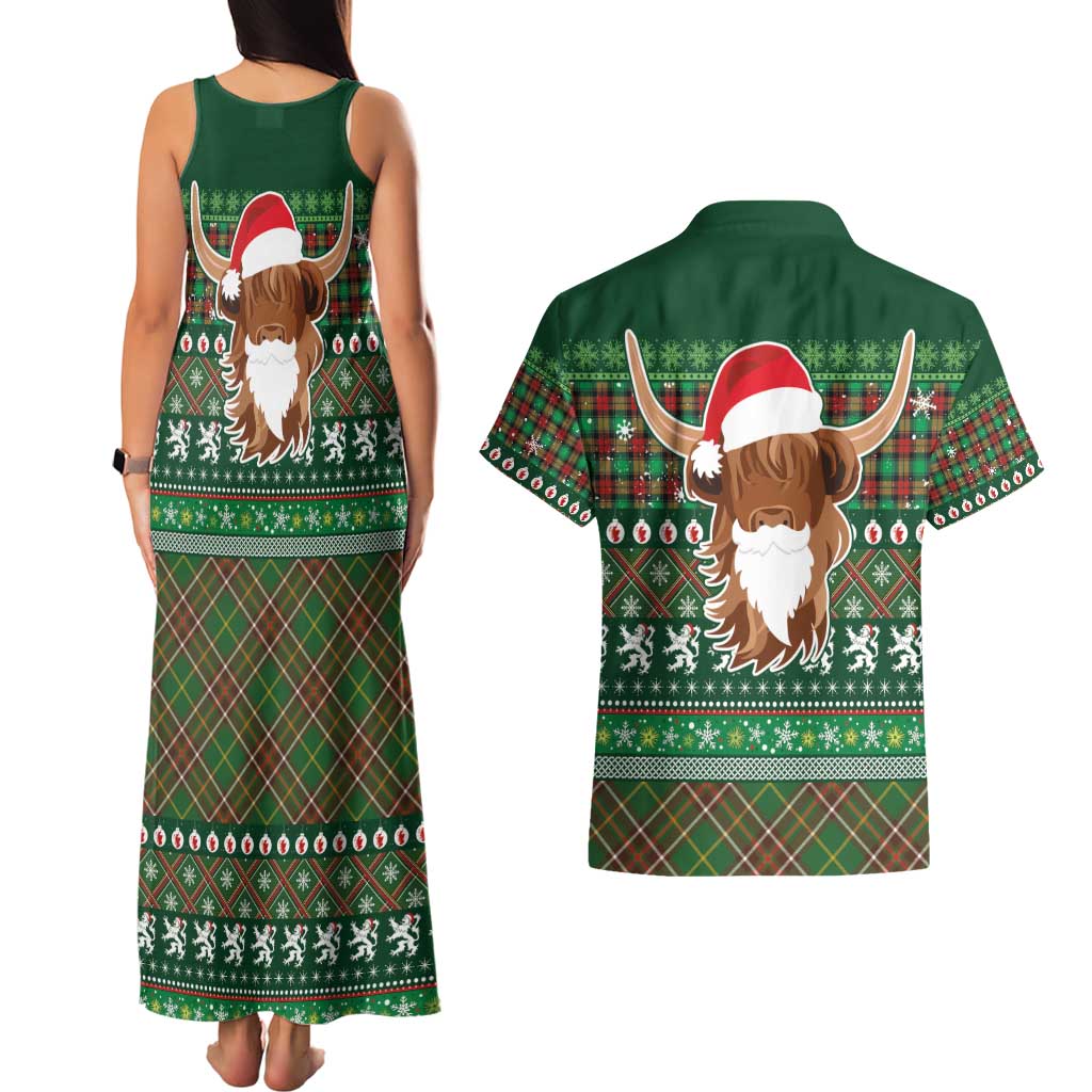 Scottish Christmas Couples Matching Tank Maxi Dress and Hawaiian Shirt Highland Cattle-Xmas Tartan Stripes Style Green Color - Wonder Print Shop