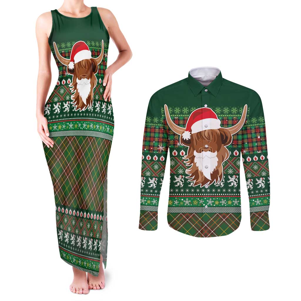 Scottish Christmas Couples Matching Tank Maxi Dress and Long Sleeve Button Shirt Highland Cattle-Xmas Tartan Stripes Style Green Color - Wonder Print Shop
