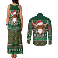 Scottish Christmas Couples Matching Tank Maxi Dress and Long Sleeve Button Shirt Highland Cattle-Xmas Tartan Stripes Style Green Color - Wonder Print Shop