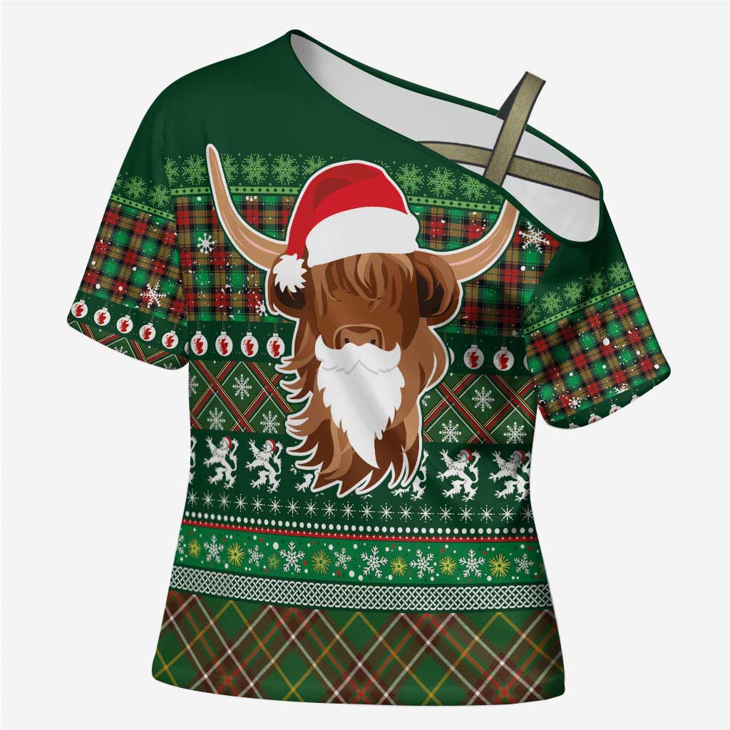 Scottish Christmas Cross Shoulder Shirt Highland Cattle-Xmas Tartan Stripes Style Green Color - Wonder Print Shop