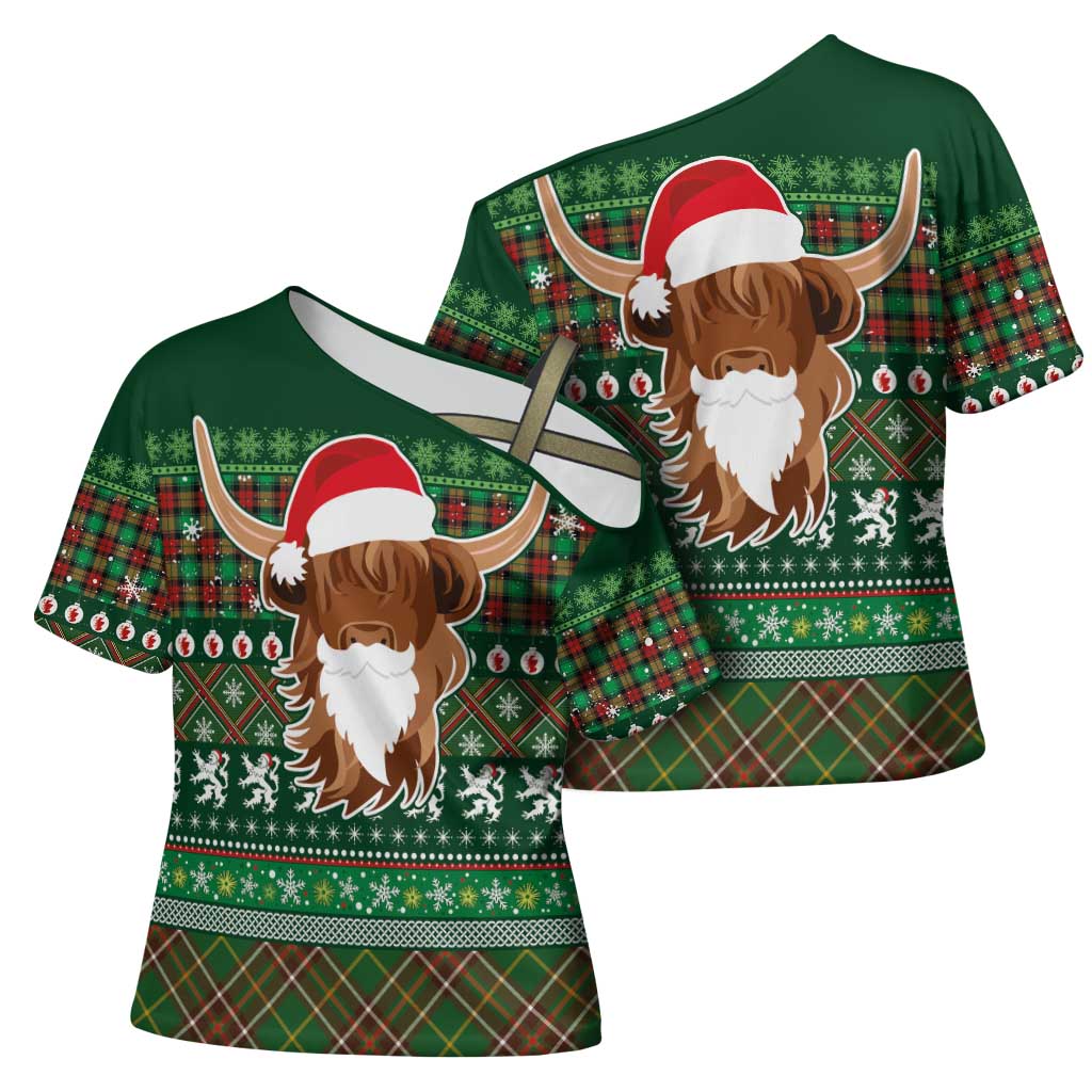 Scottish Christmas Cross Shoulder Shirt Highland Cattle-Xmas Tartan Stripes Style Green Color - Wonder Print Shop