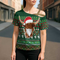 Scottish Christmas Cross Shoulder Shirt Highland Cattle-Xmas Tartan Stripes Style Green Color - Wonder Print Shop