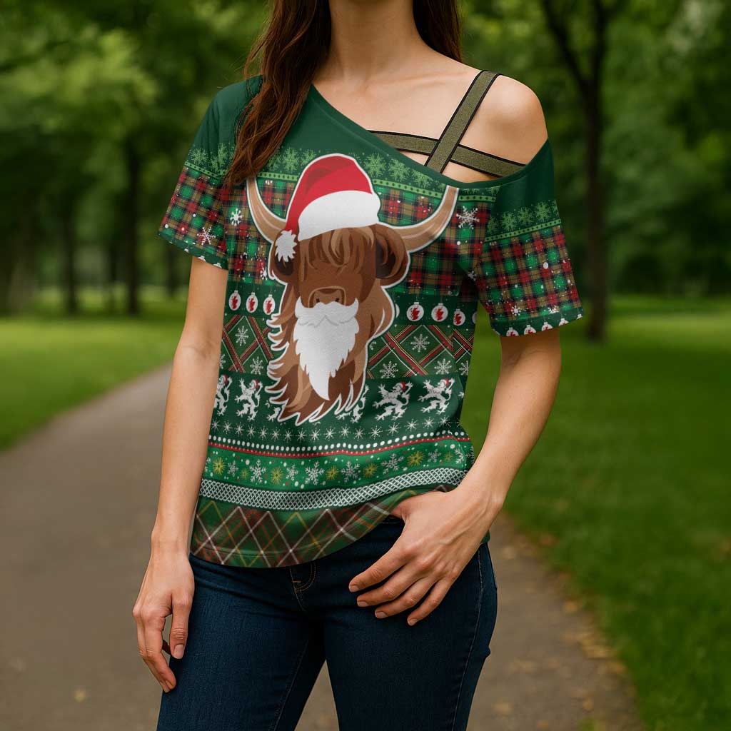Scottish Christmas Cross Shoulder Shirt Highland Cattle-Xmas Tartan Stripes Style Green Color - Wonder Print Shop