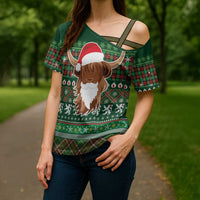 Scottish Christmas Cross Shoulder Shirt Highland Cattle-Xmas Tartan Stripes Style Green Color - Wonder Print Shop