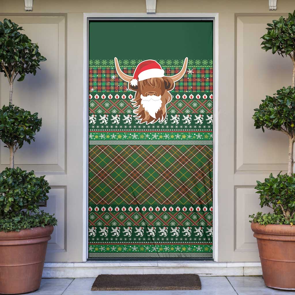Scottish Christmas Door Cover Highland Cattle-Xmas Tartan Stripes Style Green Color - Wonder Print Shop