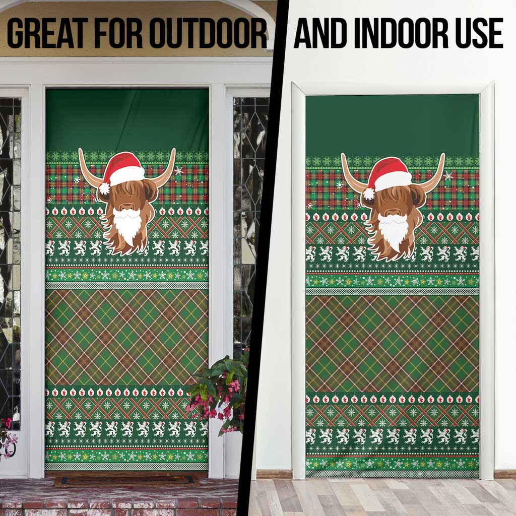 Scottish Christmas Door Cover Highland Cattle-Xmas Tartan Stripes Style Green Color - Wonder Print Shop