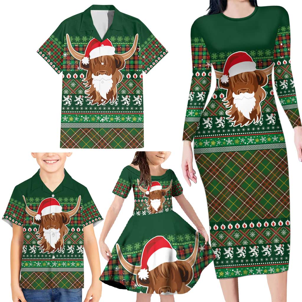 Scottish Christmas Family Matching Long Sleeve Bodycon Dress and Hawaiian Shirt Highland Cattle-Xmas Tartan Stripes Style Green Color - Wonder Print Shop