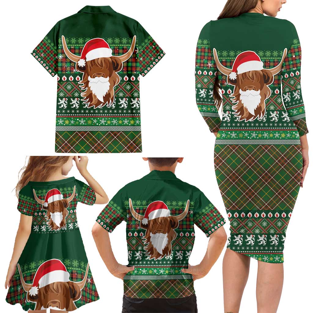 Scottish Christmas Family Matching Long Sleeve Bodycon Dress and Hawaiian Shirt Highland Cattle-Xmas Tartan Stripes Style Green Color - Wonder Print Shop