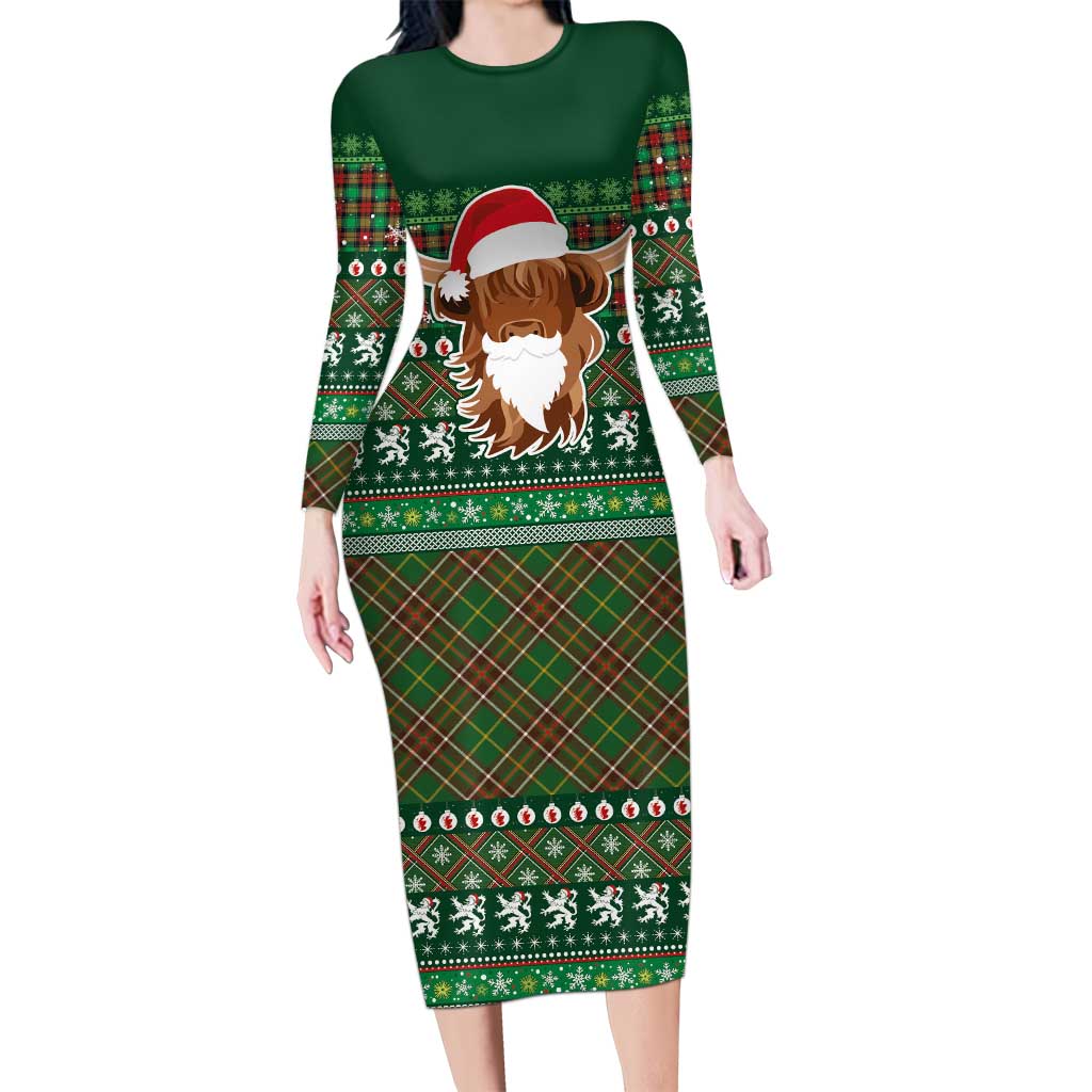 Scottish Christmas Family Matching Long Sleeve Bodycon Dress and Hawaiian Shirt Highland Cattle-Xmas Tartan Stripes Style Green Color - Wonder Print Shop
