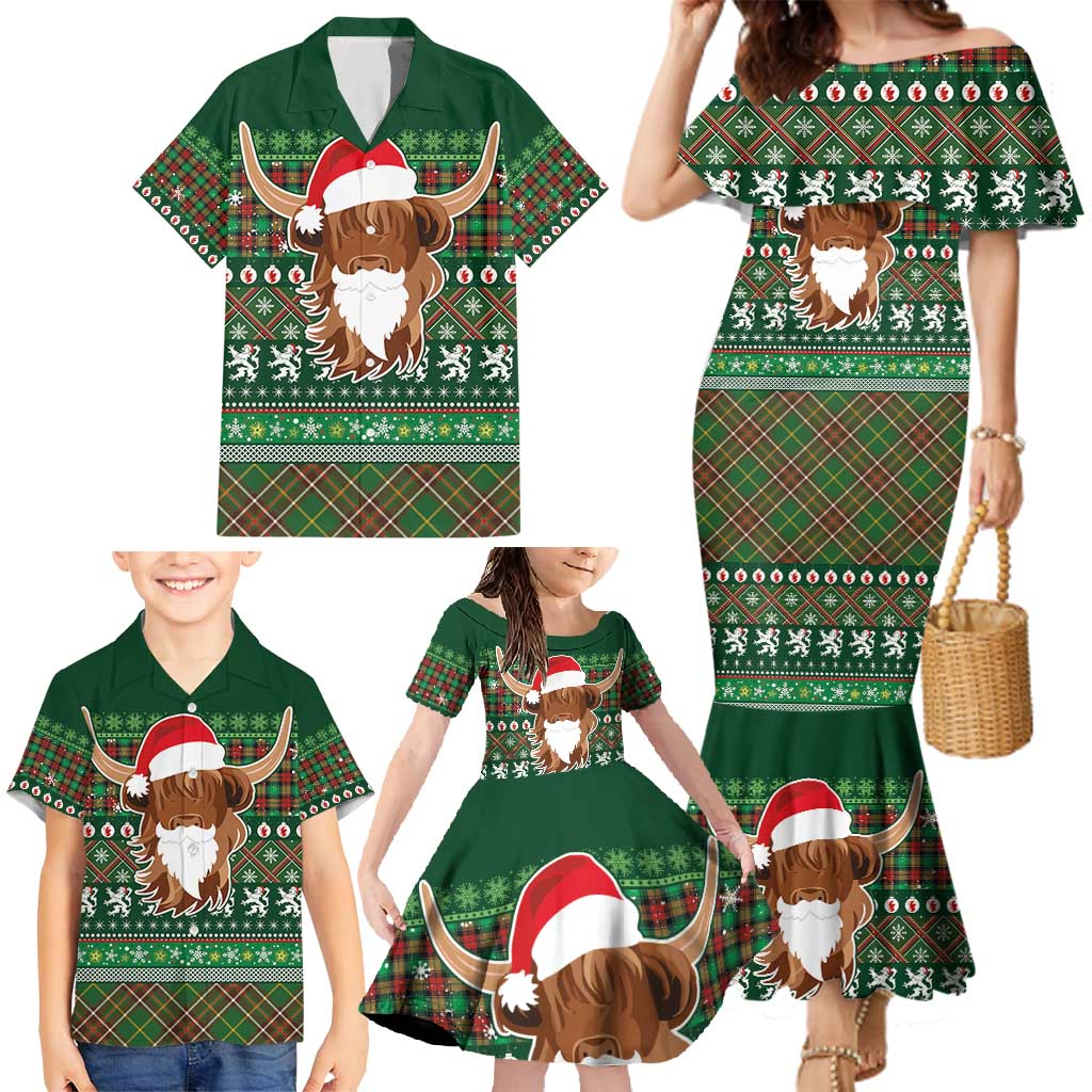 Scottish Christmas Family Matching Mermaid Dress and Hawaiian Shirt Highland Cattle-Xmas Tartan Stripes Style Green Color - Wonder Print Shop